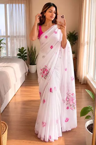 White soft chinon silk blend floral print ready to wear saree