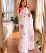 White soft chinon silk blend floral print ready to wear saree
