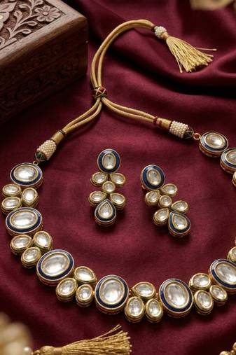 Traditional gold-plated kundan bridal necklace set with blue meenakari | ethnic handcrafted jewelry