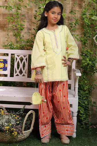 Lemon yellow embroidered cotton kurti set