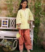 Lemon yellow embroidered cotton kurti set
