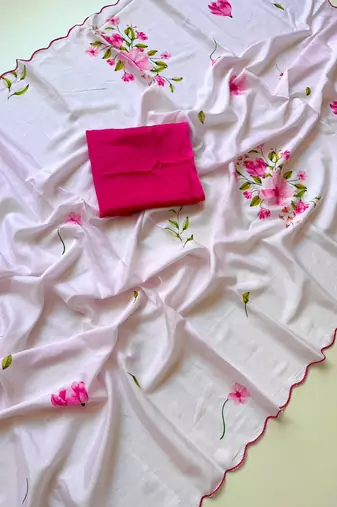 White soft chinon silk blend floral print ready to wear saree