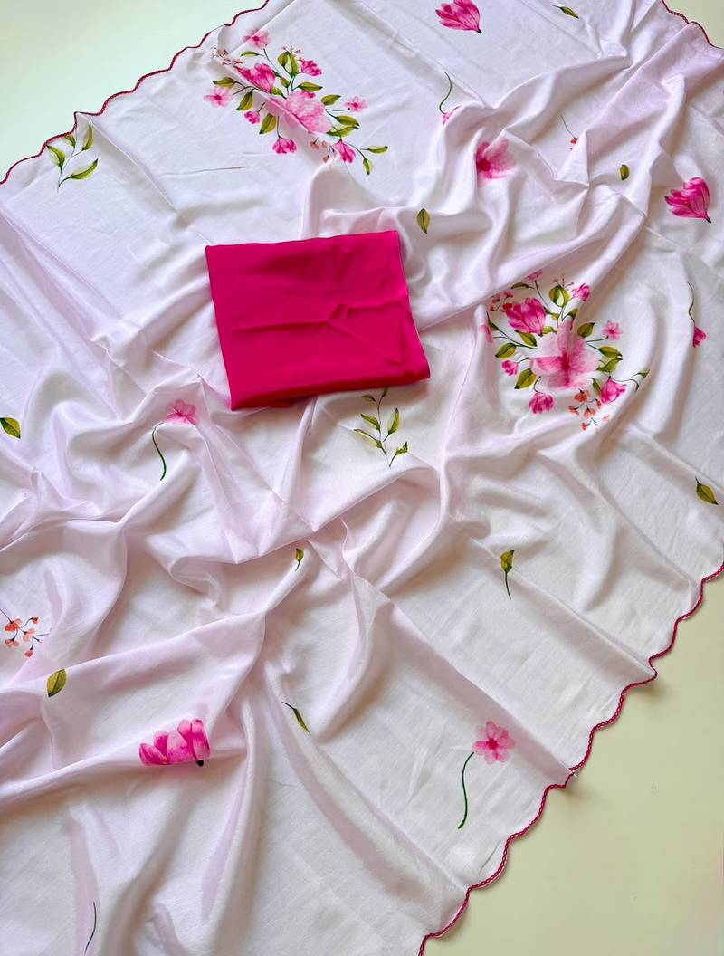White soft chinon silk blend floral print ready to wear saree