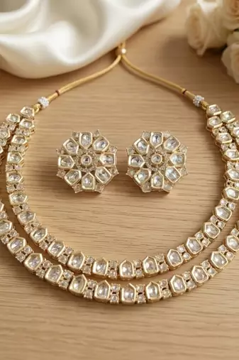 Traditional gold-plated kundan bridal necklace set with blue meenakari | ethnic handcrafted jewelry