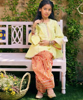 Lemon yellow embroidered cotton kurti set 2