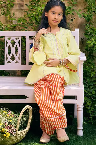 Lemon yellow embroidered cotton kurti set