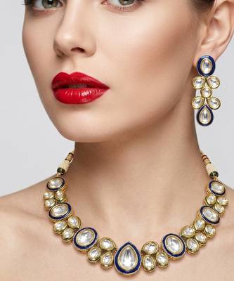 Traditional gold-plated kundan bridal necklace set with blue meenakari | ethnic handcrafted jewelry 3