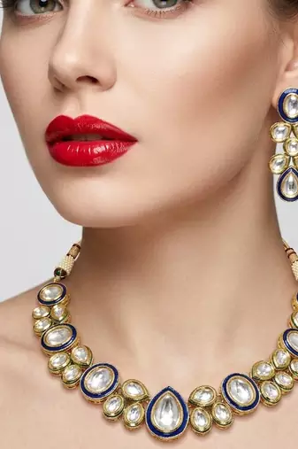 Traditional gold-plated kundan bridal necklace set with blue meenakari | ethnic handcrafted jewelry