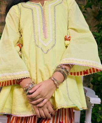 Lemon yellow embroidered cotton kurti set 3