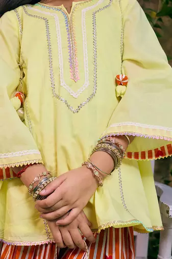Lemon yellow embroidered cotton kurti set
