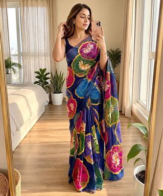 Navy blue soft chinon silk blend floral print ready to wear saree 1