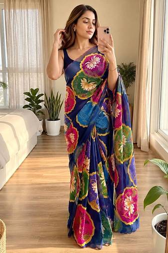 Navy blue soft chinon silk blend floral print ready to wear saree