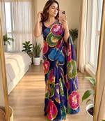 Navy blue soft chinon silk blend floral print ready to wear saree