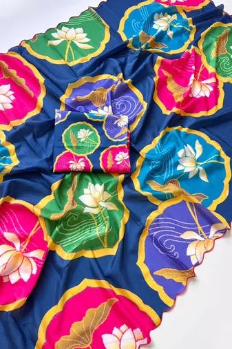 Navy blue soft chinon silk blend floral print ready to wear saree