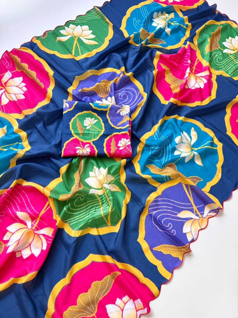 Navy blue soft chinon silk blend floral print ready to wear saree