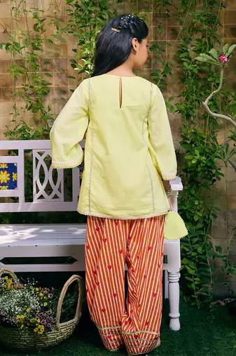 Lemon yellow embroidered cotton kurti set