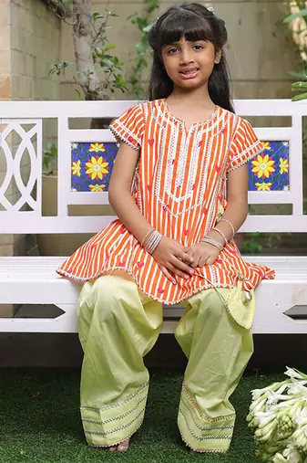 Bright orange embroidered cotton kurti set