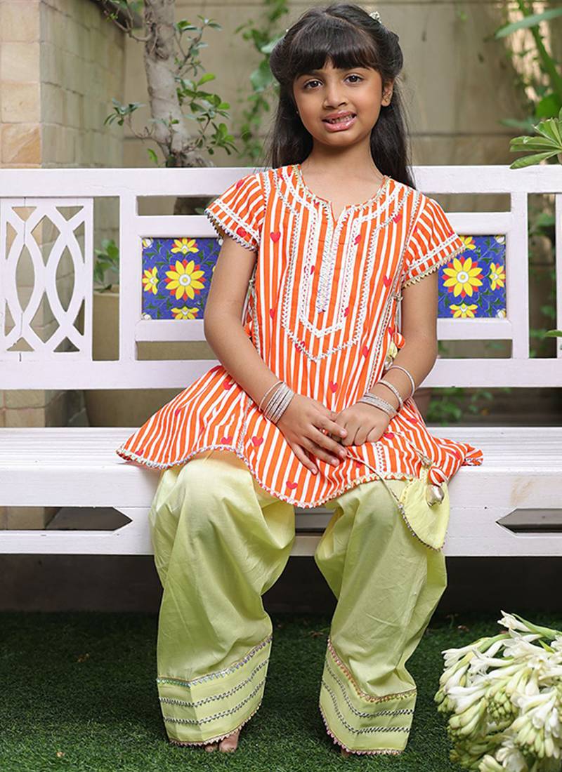 Bright orange embroidered cotton kurti set