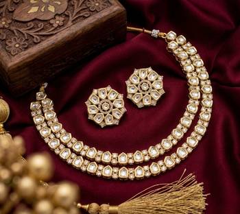 Exquisite gold-plated polki kundan necklace set with earrings | handcrafted traditional ethnic jewelry for women 1