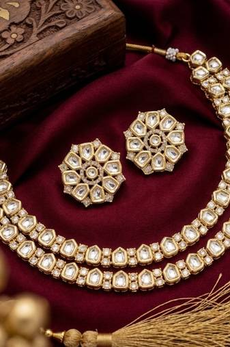 Exquisite gold-plated polki kundan necklace set with earrings | handcrafted traditional ethnic jewelry for women
