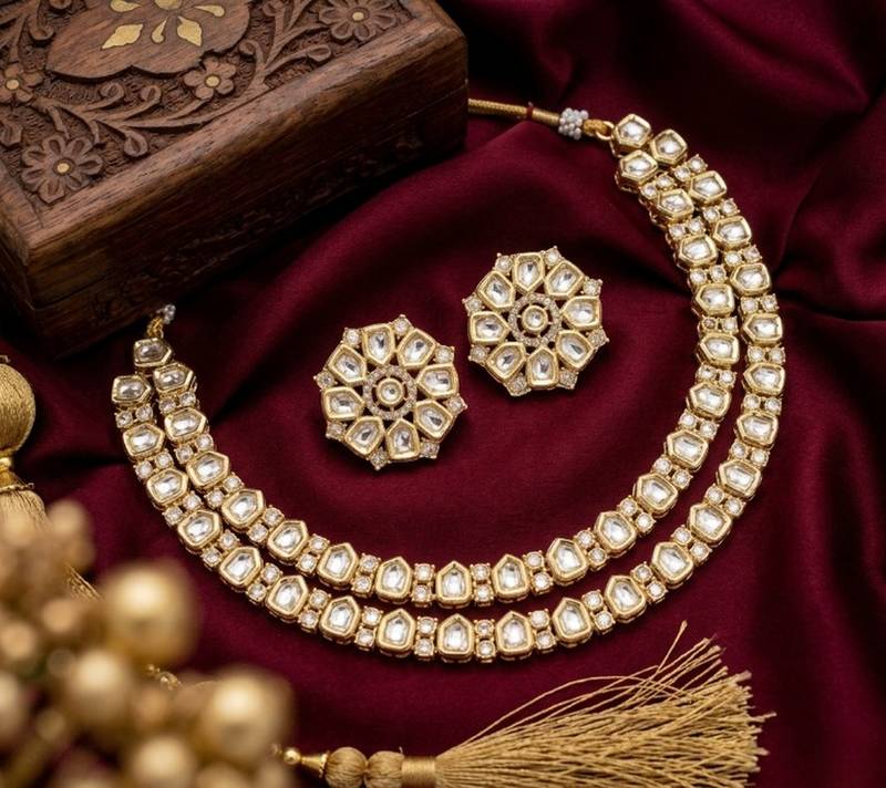 Exquisite gold-plated polki kundan necklace set with earrings | handcrafted traditional ethnic jewelry for women