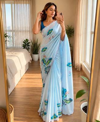 Sky blue soft chinon silk blend floral print ready to wear saree 1