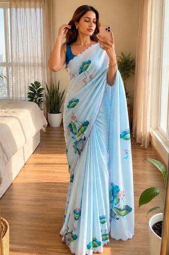 Sky blue soft chinon silk blend floral print ready to wear saree