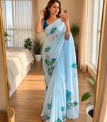 Sky blue soft chinon silk blend floral print ready to wear saree