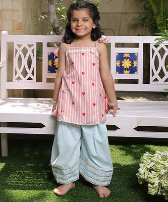 Light pink printed cotton kurti set 1