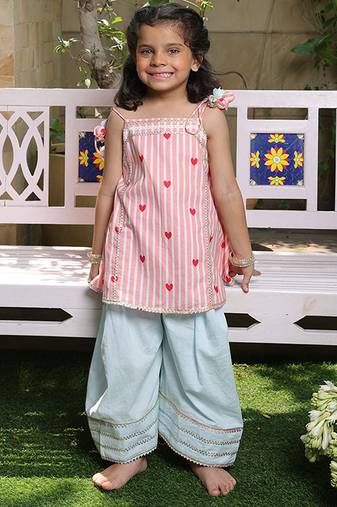 Light pink printed cotton kurti set