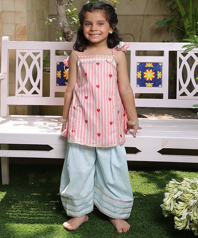 Light pink printed cotton kurti set