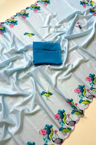 Sky blue soft chinon silk blend floral print ready to wear saree