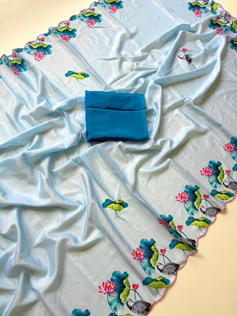 Sky blue soft chinon silk blend floral print ready to wear saree