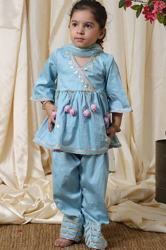 Powder blue embroidered cotton angrakha kurti set