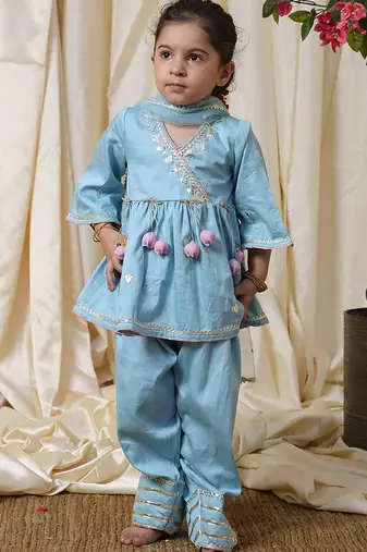 Powder blue embroidered cotton angrakha kurti set