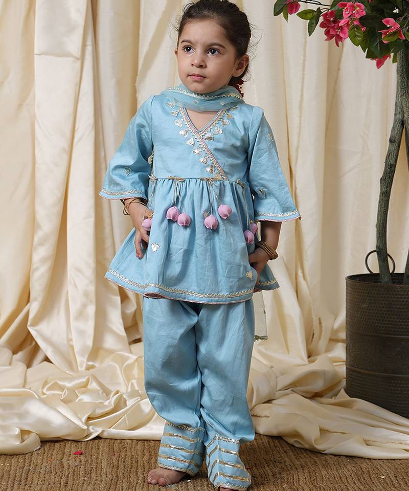 Powder blue embroidered cotton angrakha kurti set