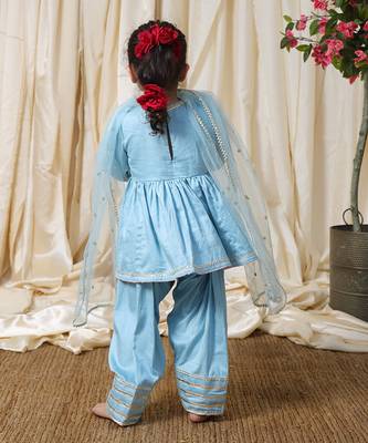 Powder blue embroidered cotton angrakha kurti set 2