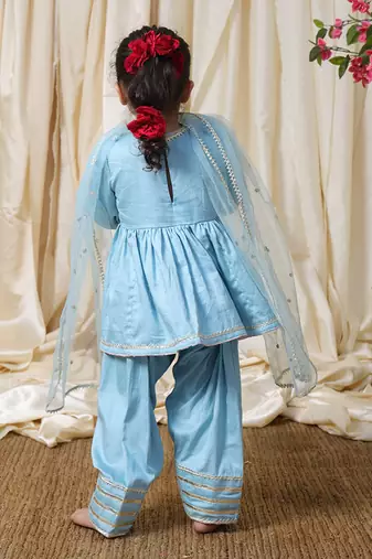Powder blue embroidered cotton angrakha kurti set