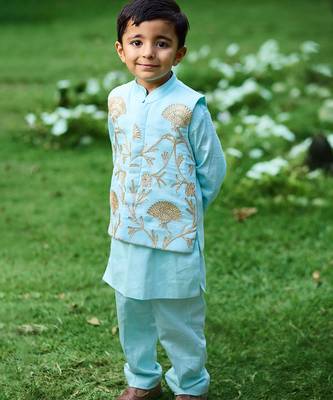 Sku blue embroidered cotton kurta jacket set 1