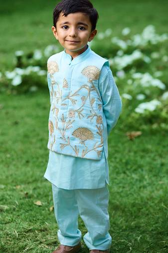 Sku blue embroidered cotton kurta jacket set