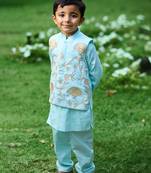 Sku blue embroidered cotton kurta jacket set