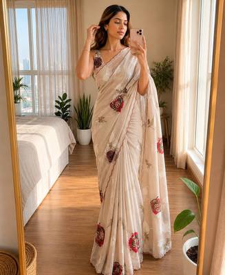 Cream soft chinon silk blend floral print ready to wear saree 1