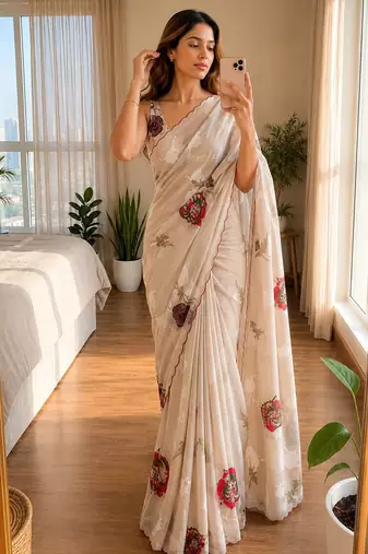 Cream soft chinon silk blend floral print ready to wear saree
