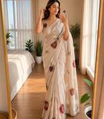 Cream soft chinon silk blend floral print ready to wear saree