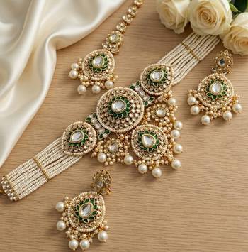 Traditional handcrafted kundan pearl bridal jewelry set - gold-plated ethnic choker necklace with earrings & maang tikka 1