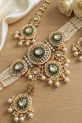 Traditional handcrafted kundan pearl bridal jewelry set - gold-plated ethnic choker necklace with earrings & maang tikka