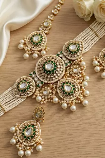 Traditional handcrafted kundan pearl bridal jewelry set - gold-plated ethnic choker necklace with earrings & maang tikka
