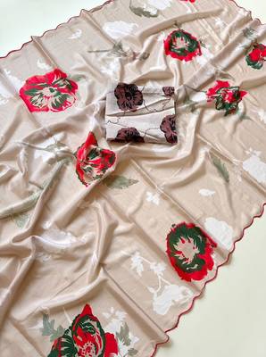 Cream soft chinon silk blend floral print ready to wear saree 2