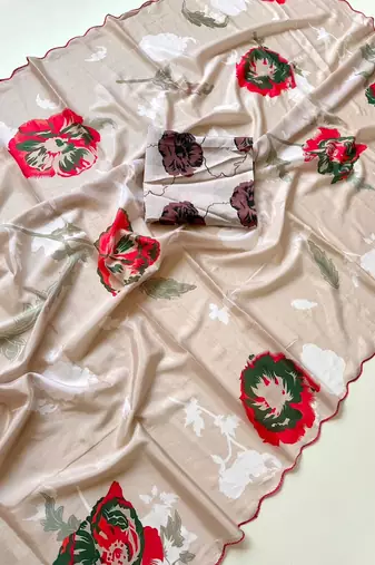 Cream soft chinon silk blend floral print ready to wear saree