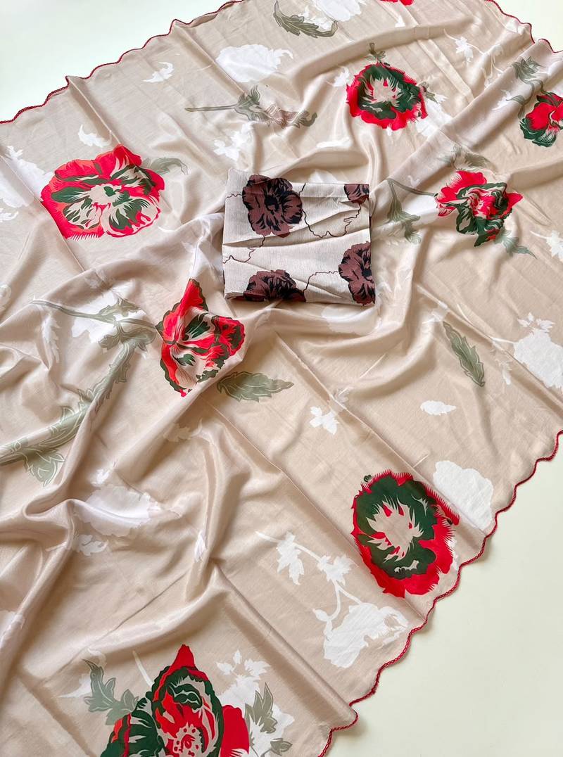 Cream soft chinon silk blend floral print ready to wear saree